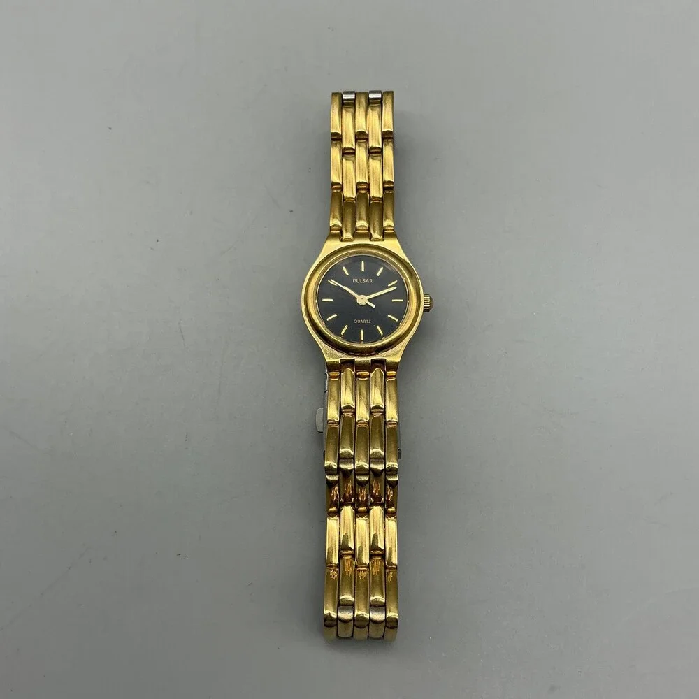 Pulsar Womens Watch 20mm Black Dial Gold Tone V238-X005 New Battery 7.25